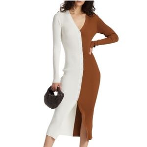Staud Shoko Colorblock Body-Con Sweaterdress Tan/White